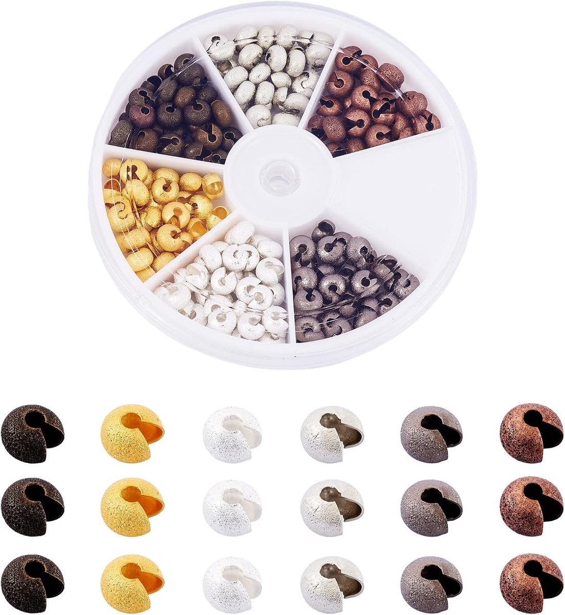 180 stks Messing Crimp Knoop Covers 6mm Half Ronde Kralen Eind voor Sieraden Maken, 6 kleuren, Gat: 2.2mm