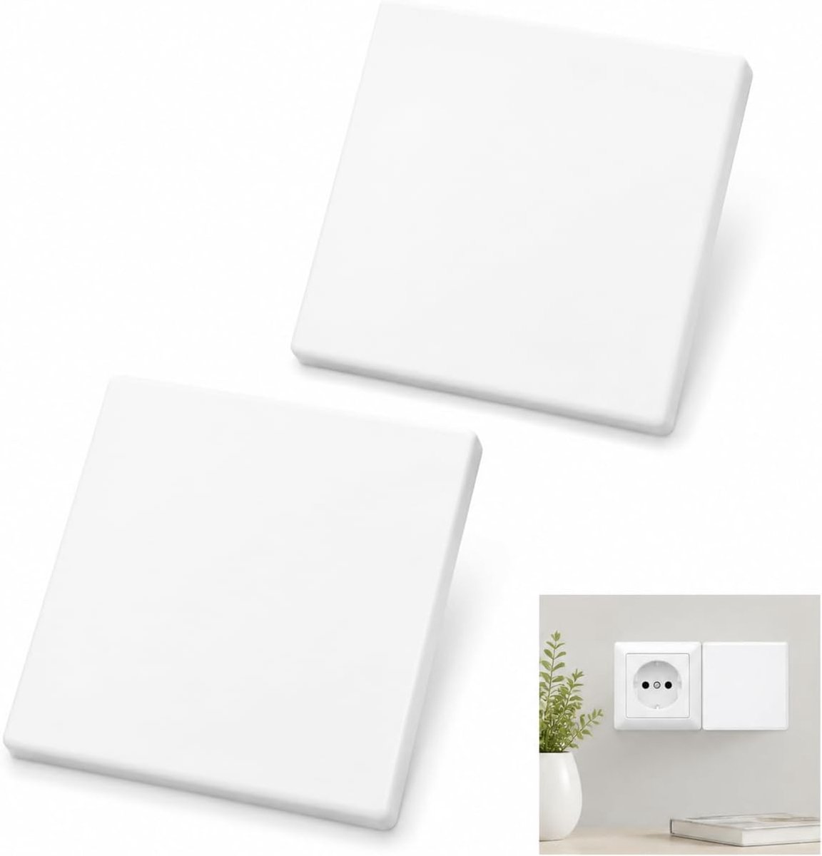 2 stuks 86 x 86 mm zelfklevende wandcontactdozen, afdekking voor stopcontacten en schakelaar, wit, van hard kunststof, voor het verbergen van wandgaten en ongebruikte stopcontacten