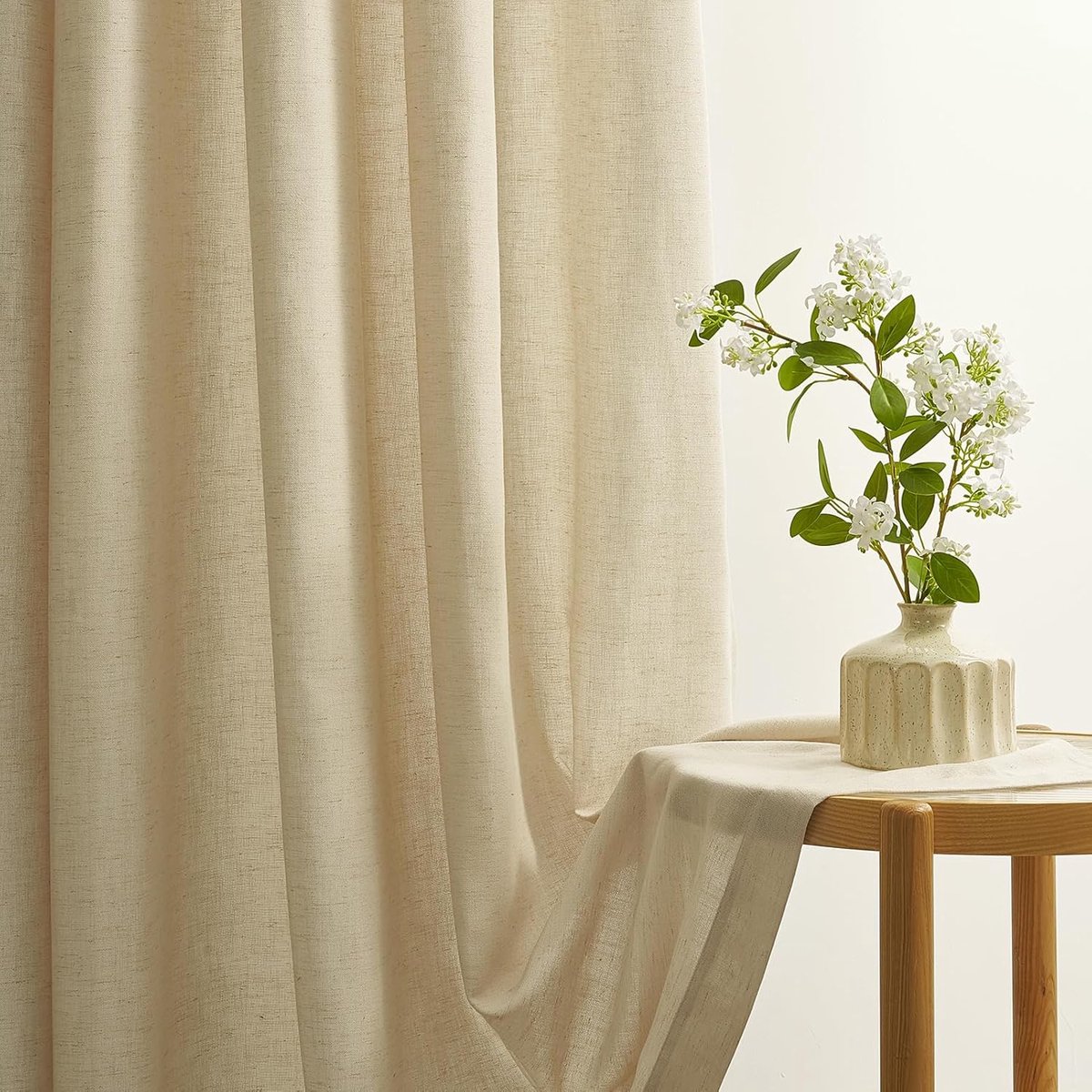 Gordijnen, beige, linnen, kinderkamer, inslagringen, halftransparant, 260 x 140 cm (h x b), linnenlook, katoenen gordijn met lussen, voor woonkamer, slaapkamer, modern gordijn met