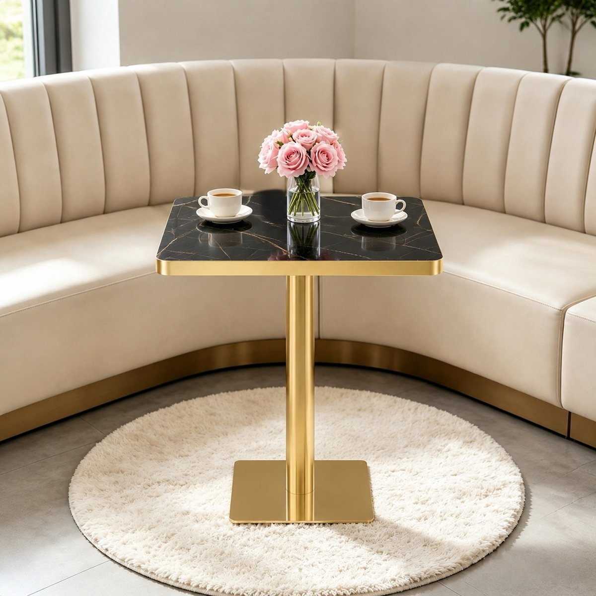 Vierkante Eettafel - Marmerlook Blad Met Gouden Rand - Modern Voor Woonkamer En Keuken - MDF En Metaal - Zwart - 60 X 60 X 74 Cm
