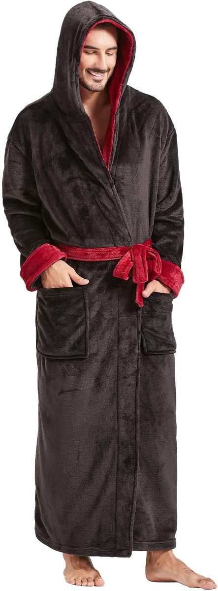Pluche badjas met capuchon voor heren met zwarte rand, volledige lengte, pluche lange badjas voor mannen, grote en lange warme fleece badjassen, huisgewaden