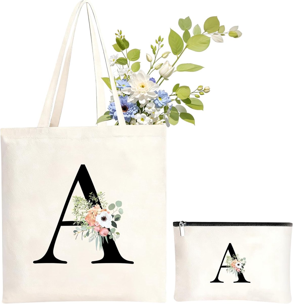 Draagtas en make-uptas met initiaal, letterdraagtas en make-uptas, canvas boodschappentas met ritssluiting, canvas boodschappentas, cadeau voor vrouwen, vriendin, mama, oma voor de geboorte