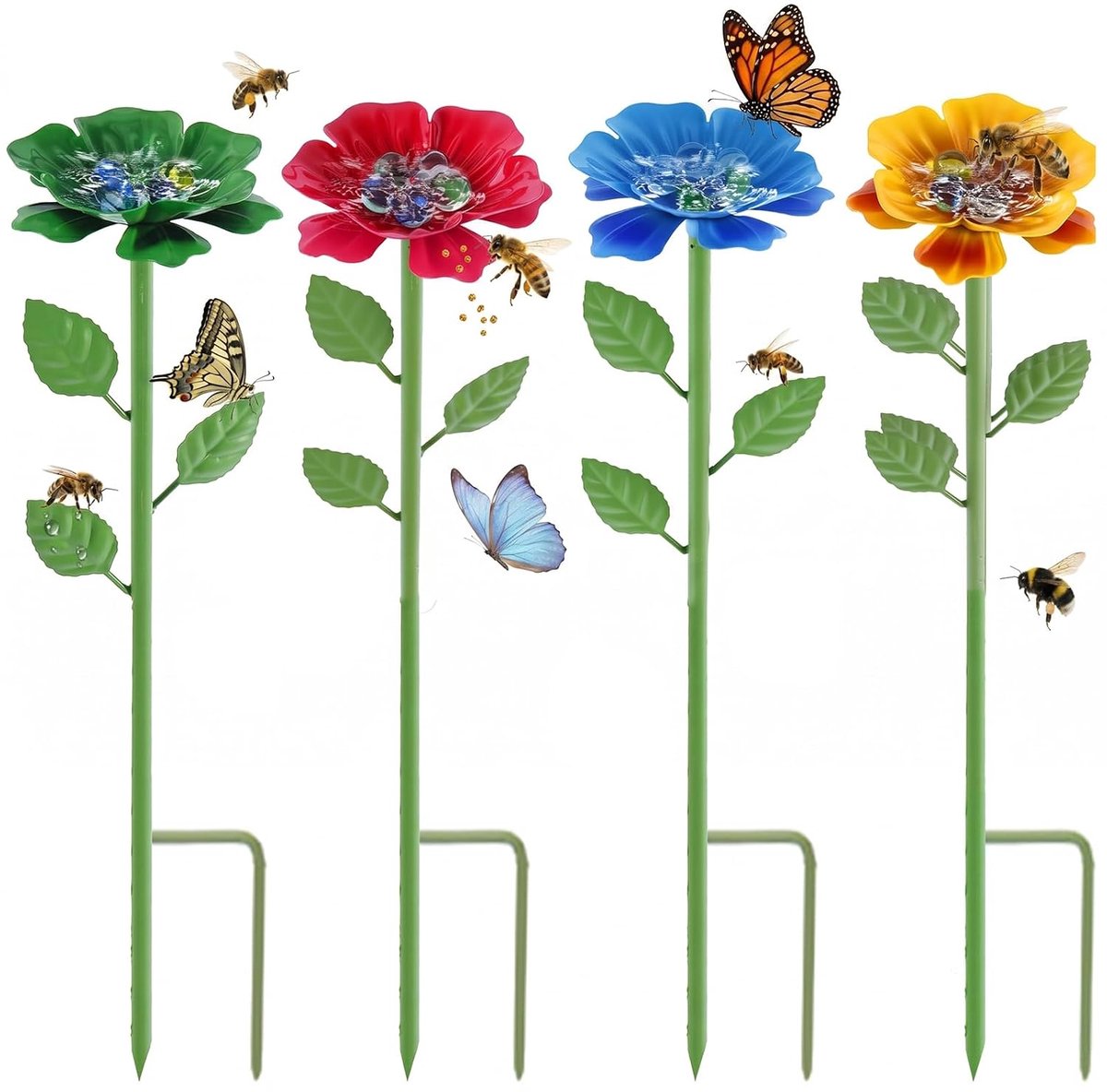 Metaal, 4 stuks, tuinsteker, 63,5 cm | Insectendrinkset, kleurrijk design met 20 glazen ks als bescherming tegen verdrinking, vlinderbad voor buiten, tuindecoratie