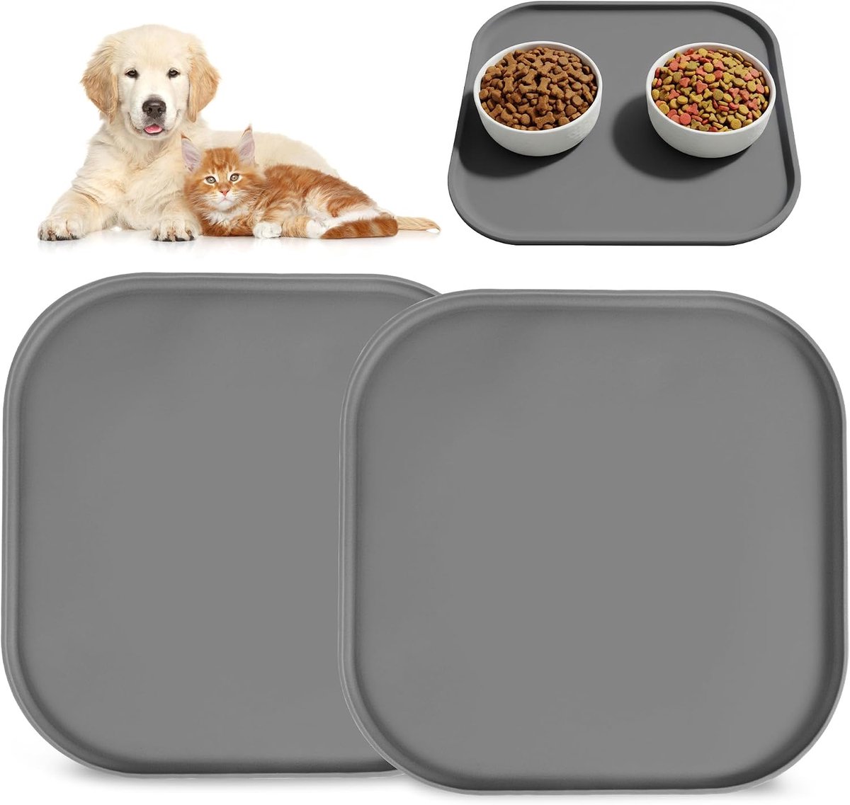 2-delige set siliconen voedermat voor honden en katten, antislip, waterdicht met rand, vierkante voederbak, onderlegger voor huisdiervoer, voor middelgrote en kleine huisdieren