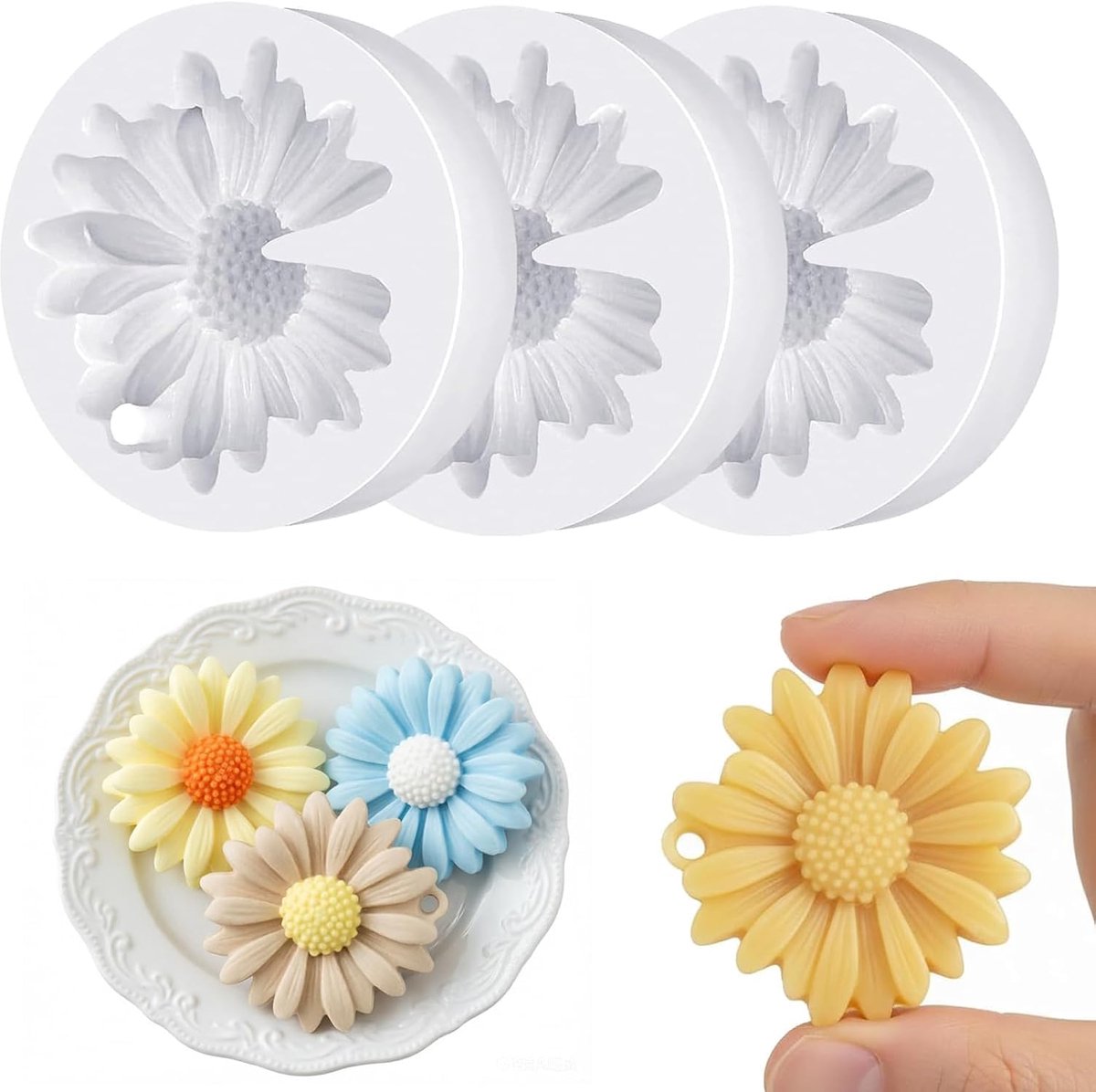 3 stuks madeliefjes siliconen mal met gat, 6,9 cm, transparante bloemen, gietvormen, kaarsen, siliconen vorm voor doe-het-zelf kaarsen, hars en knutselprojecten, madeliefjesbloemvorm, herbruikbaar