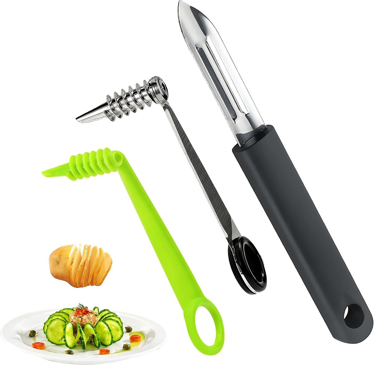 2 stuks spiraalsnijder, aardappelset met dunschiller, roestvrij staal en kunststof, handige aardappelsnijder voor creatieve aardappelspiralen, groenten en fruit, eenvoudig te bereiden