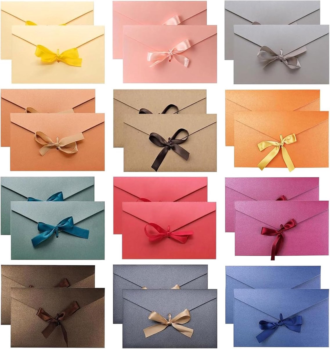 24 stuks kleine enveloppen met strik, kleurrijk, mooie enveloppen, decoratieve enveloppen met strik, 17,5 x 12,4 cm, enveloppen bruiloft