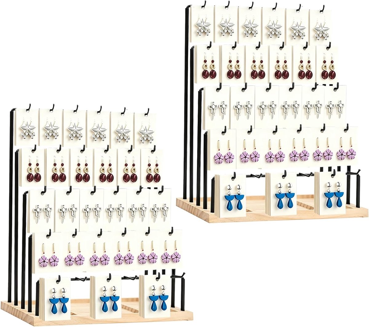 Set van 2, houten sieradenstandaard, 5 niveaus en 35 haken, sieradendisplay voor handelaars en marktkramen, presentatiestandaard voor oorbellen, halskettingen, armbanden en