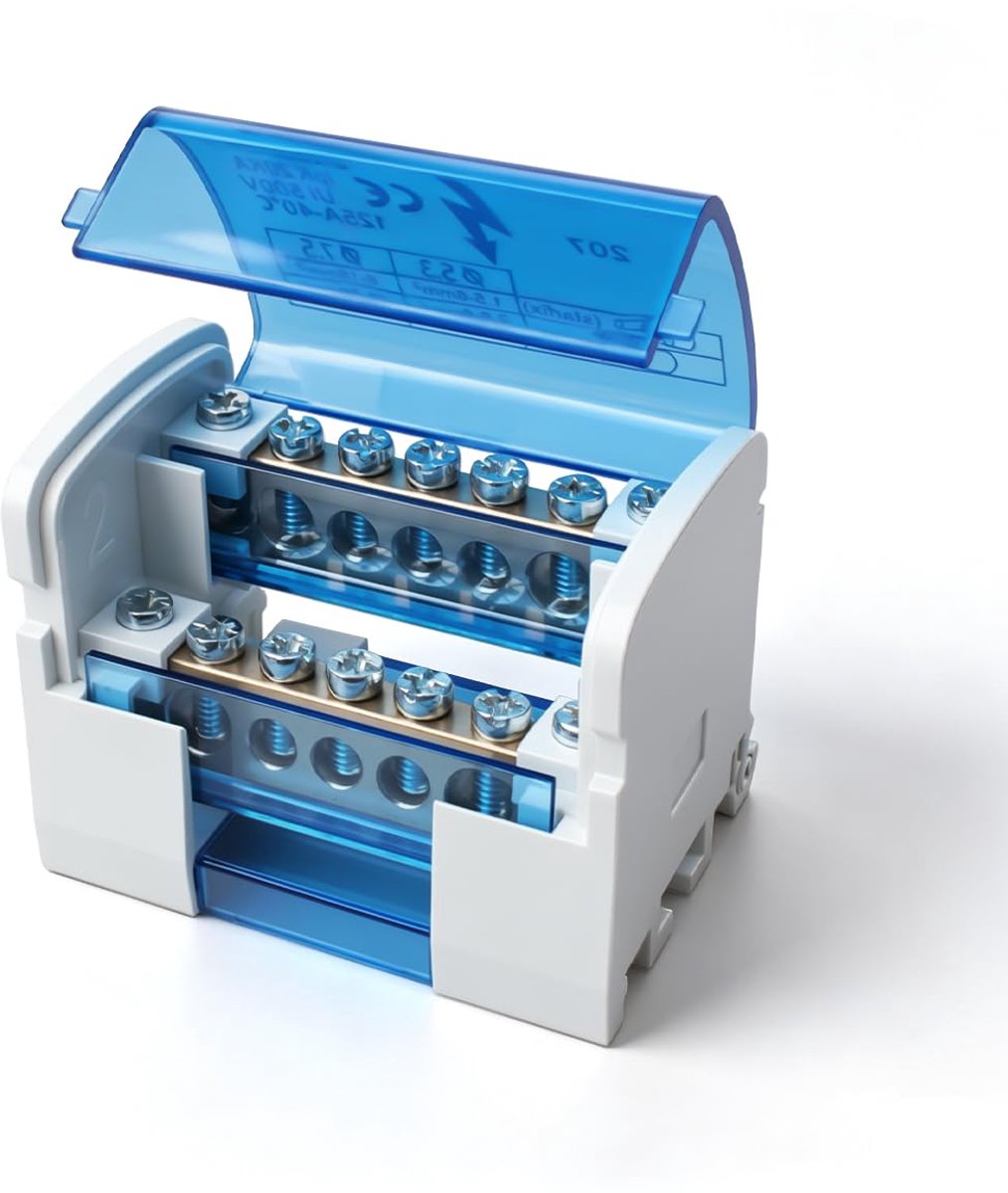 1Pcs klemmenblok verdeelkast 125A 2 in 12 uit, Din Rail klemmenstroken verdeelkast blauwe behuizing