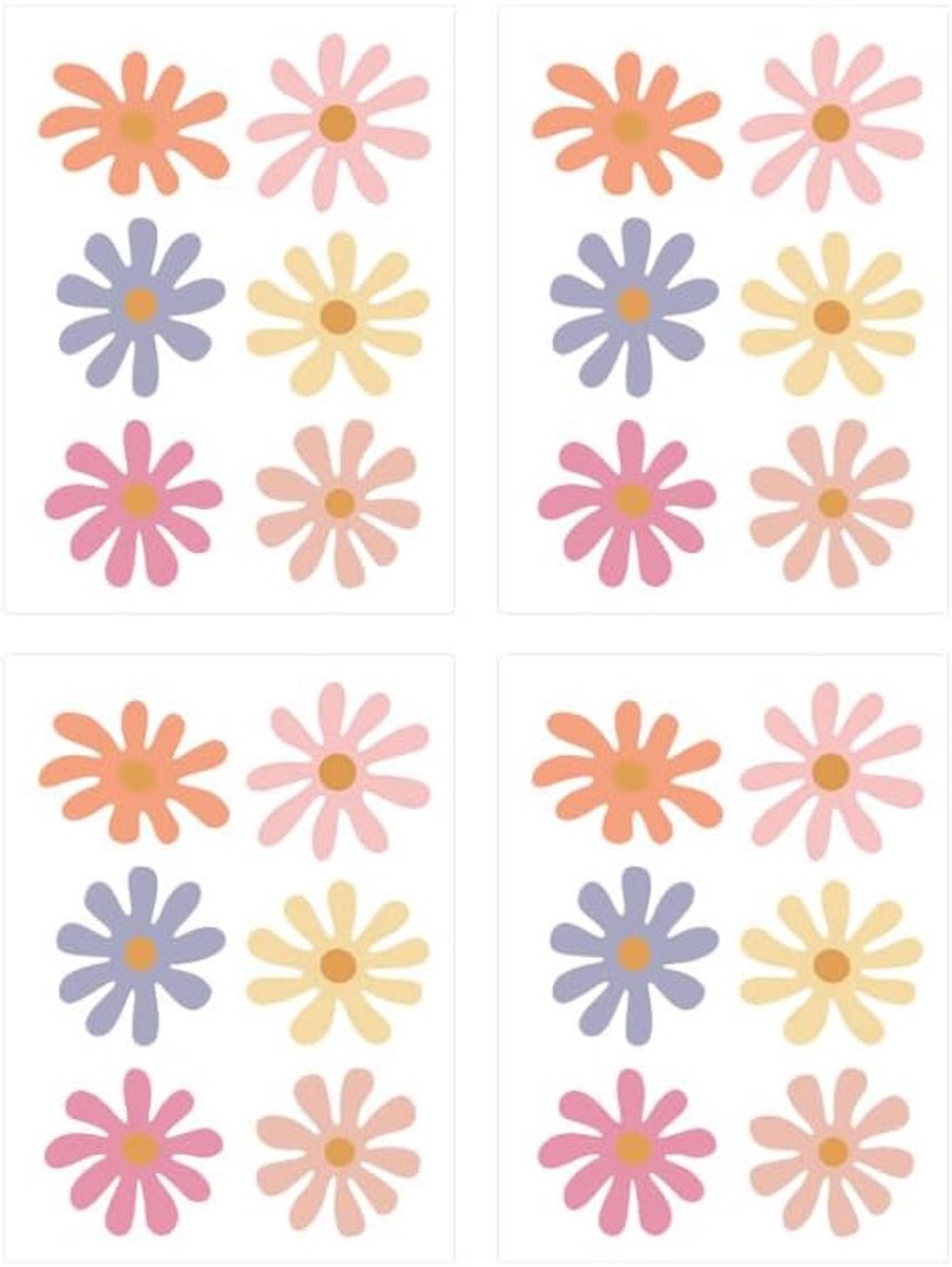 Set van 24 kleurrijke madeliefjes bloemen muurstickers, vinyl stickers voor meisjeskamer, kinderkamer, kinderkamer en slaapkamer decoratie