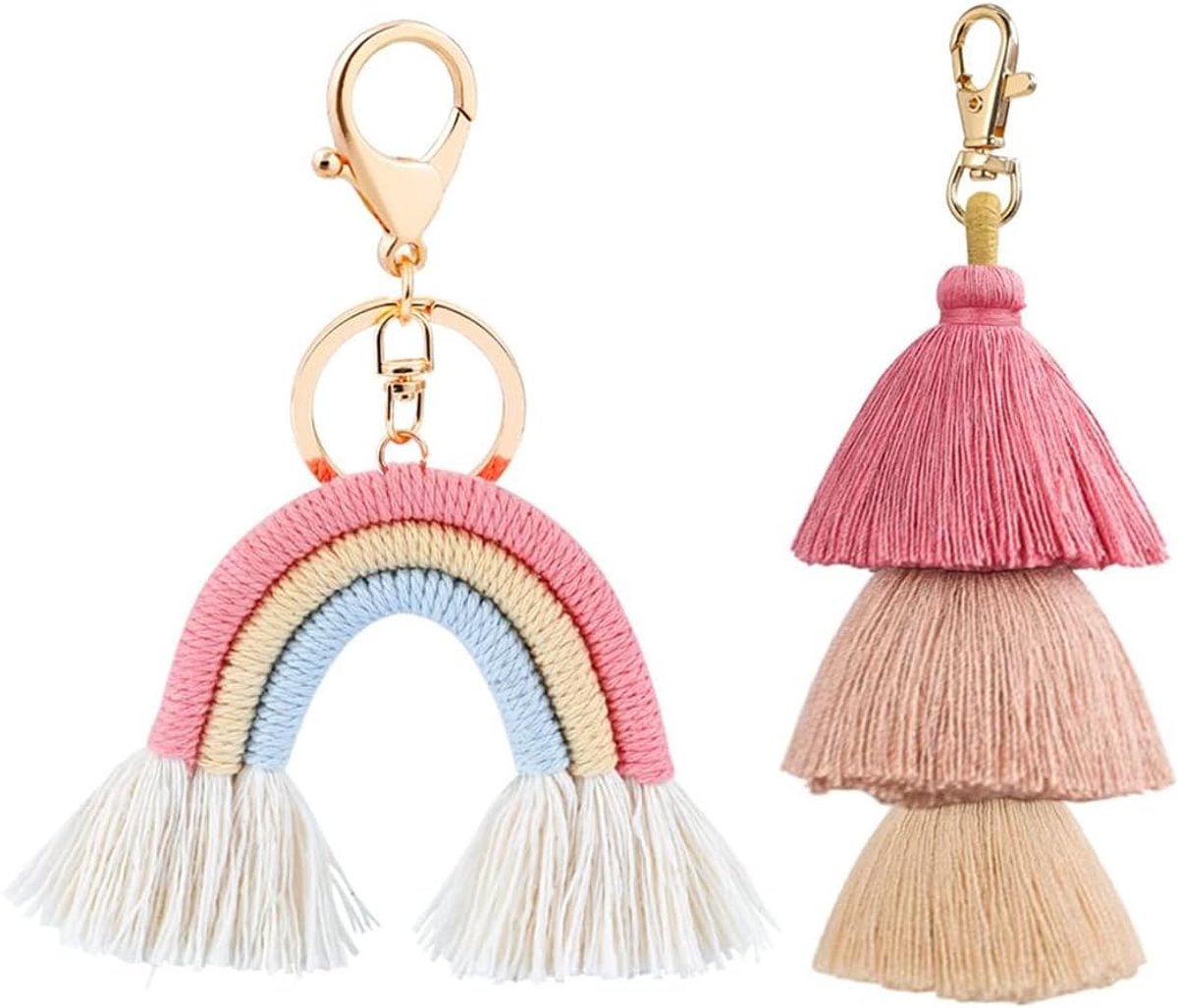 2 stuks/set sleutelhangers, kwastjeshangers, sleutelhangers, weven, auto-achteruitkijkspiegel, meisjeskamer, kinderkamer, rugzakdecoratie (regenboog)