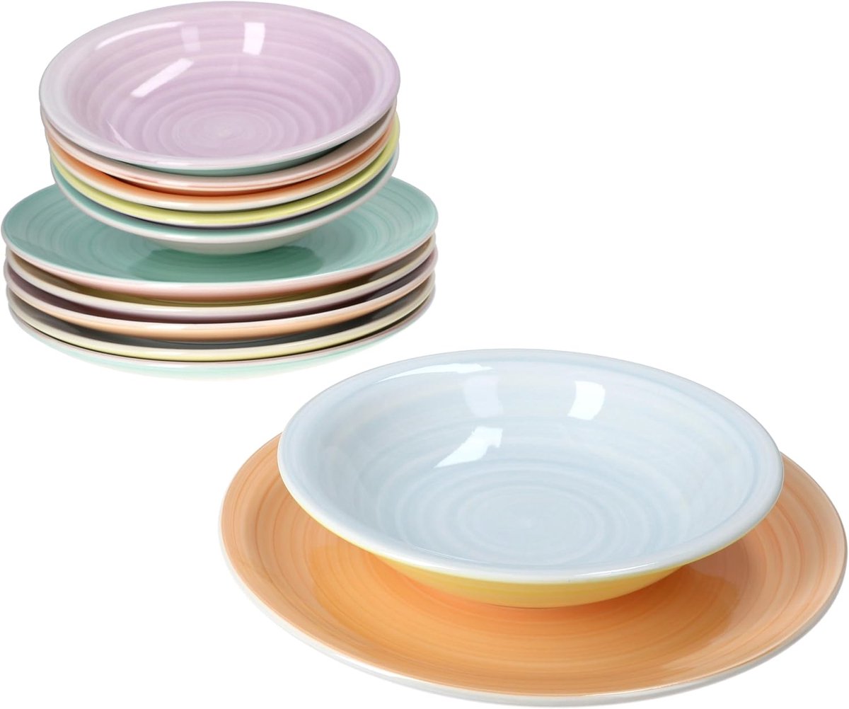12-delige set soep- en platte borden - aardewerk pastelkleuren strudellook - 6x diepe borden en 6x platte borden - robuust en onderhoudsvriendelijk - vaatwasser- en magnetronbestendig