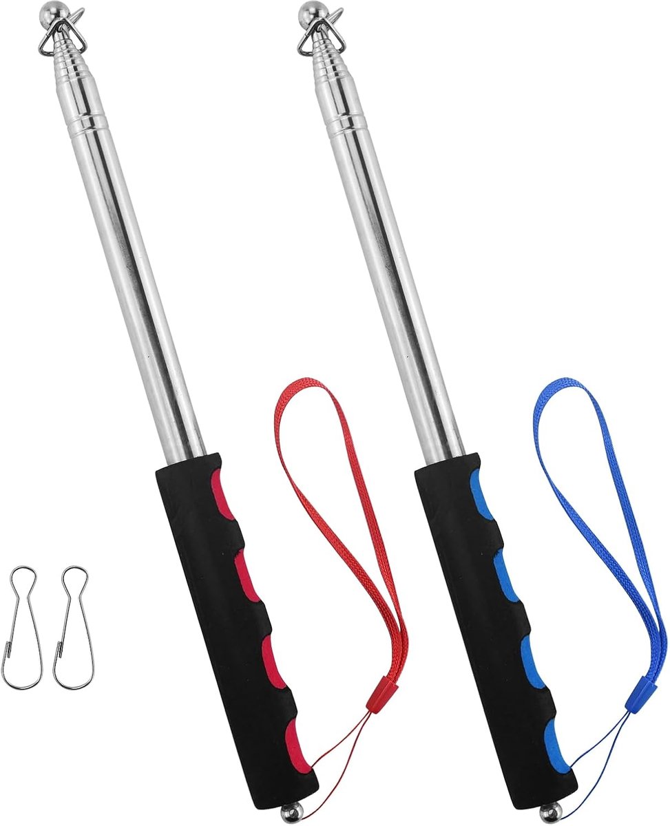 2 stuks telescopische vlaggenstangen, 2 m, handheld telescopische vlaggenmast roestvrij staal met 4 clips haken, telescopische stang, uittrekbaar voor reizen, camping, reisgids, leraar