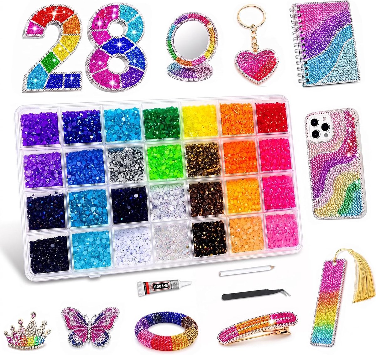 30000 St. Strass Set, 28 Kleuren, 3 Lijm & Gereedschap | 30000 Strass Bedazzler Kit, Flatback Nail Art, 3 Lijm & Pincet, voor Nagels Textiel Diamond Painting DIY