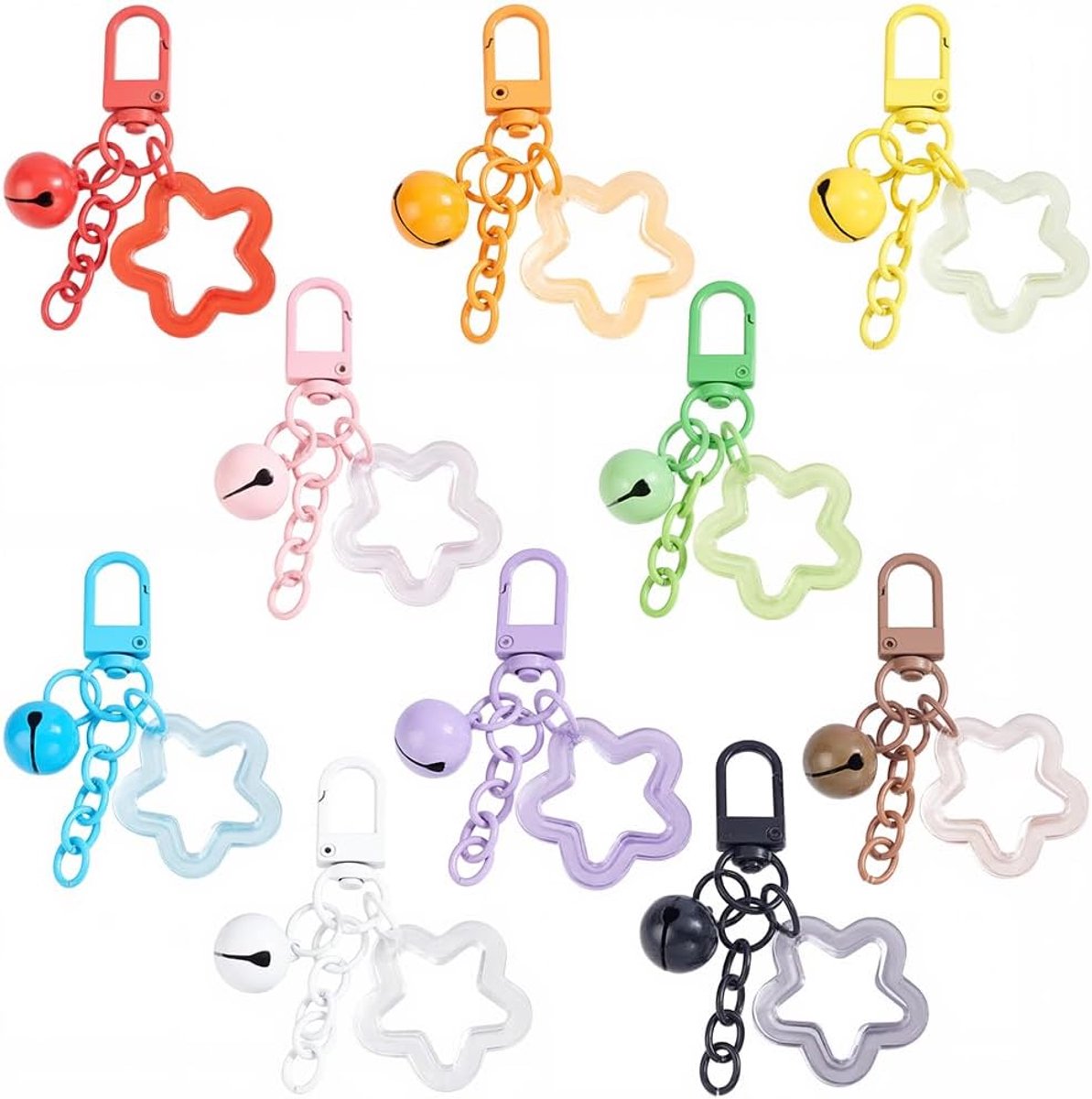 10 stuks 10 kleuren kleurrijke acryl ster sleutelhanger bel vijfpuntige sterren sleutelhanger snoepkleur sluiting clip sleutelhanger hanger tas voor vrouwen sleutels