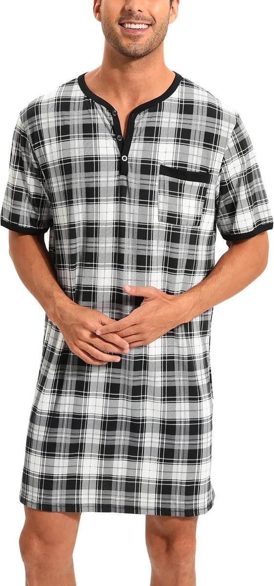 Nachthemd voor heren, katoenen pyjama met lange mouwen, korte mouwen, pyjama-bovenstuk, lang T-shirt, ronde hals met knopen, huiskleding, grote maat, zacht, comfortabel