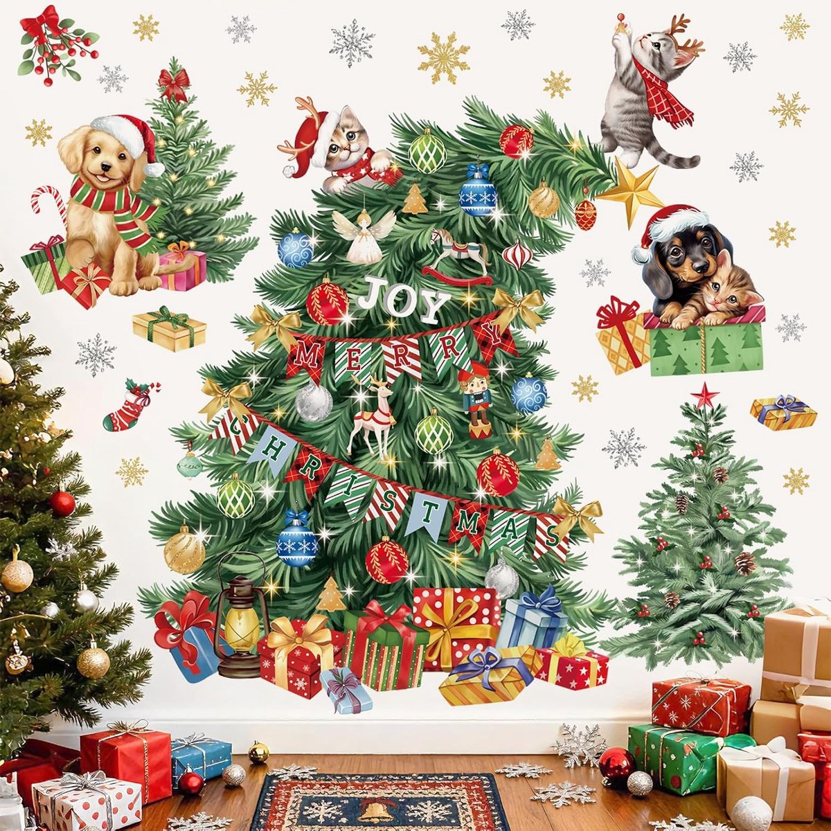 Muurstickers altijdgroene boom kerst honden katten peel and stick muurkunst decals voor raam Xmas Home Party