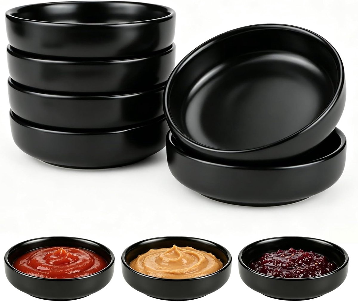 6 stuks dipschalen, keramische dipschalen | Zwarte ronde sojasaus schaal, voor sauzen, BBQ, saus, ijs, dessert, fruit, snack, dips, sushi