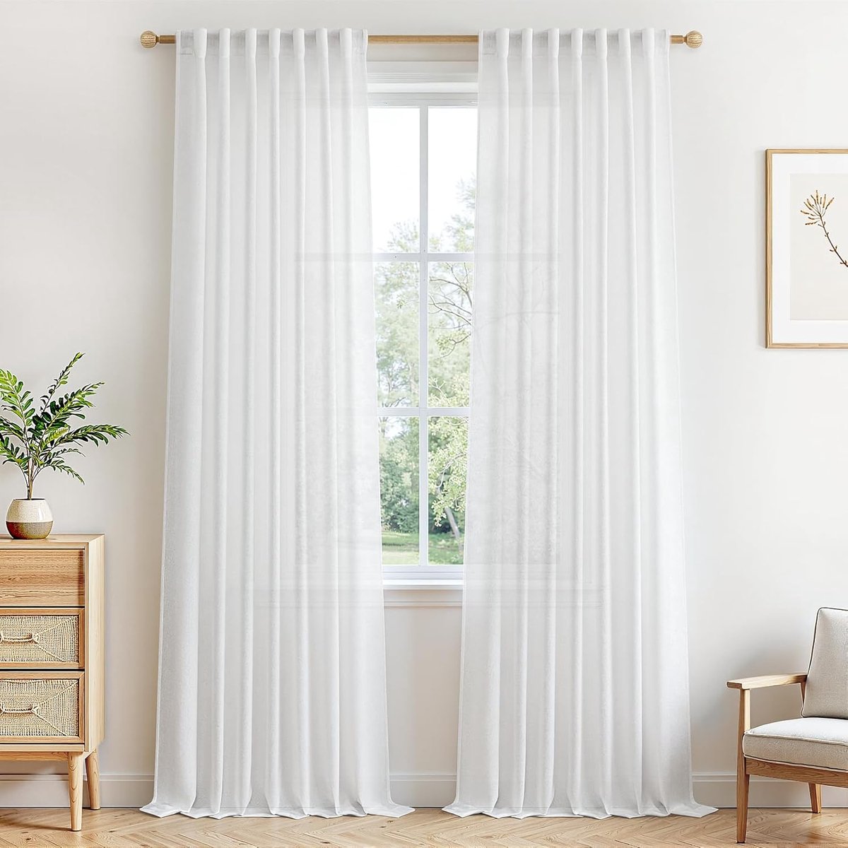 Gordijn wit linnenlook semi-transparant gordijnen wit lichtdoorlatend voor woonkamer moderne slaapkamer kinderkamer set van 2 H 250 x B 140 cm, met verborgen lussen