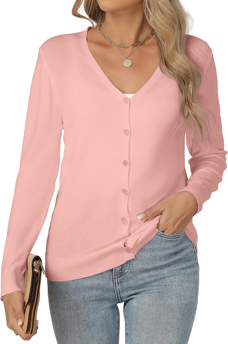 Damesvest met V-hals en knopen, lichtgewicht, gebreide trui, lange mouwen, elegant, dun, basic cardigans