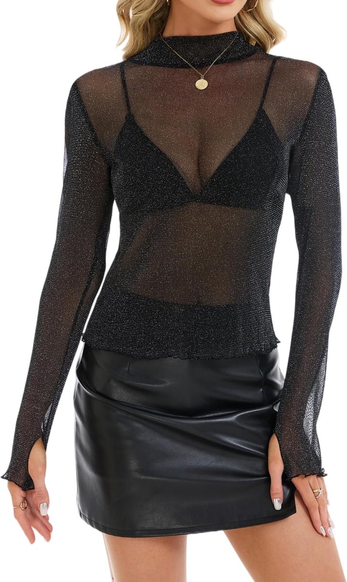 Mock Neck Lace Sheer Tops Semi-transparante basislaag Pullover