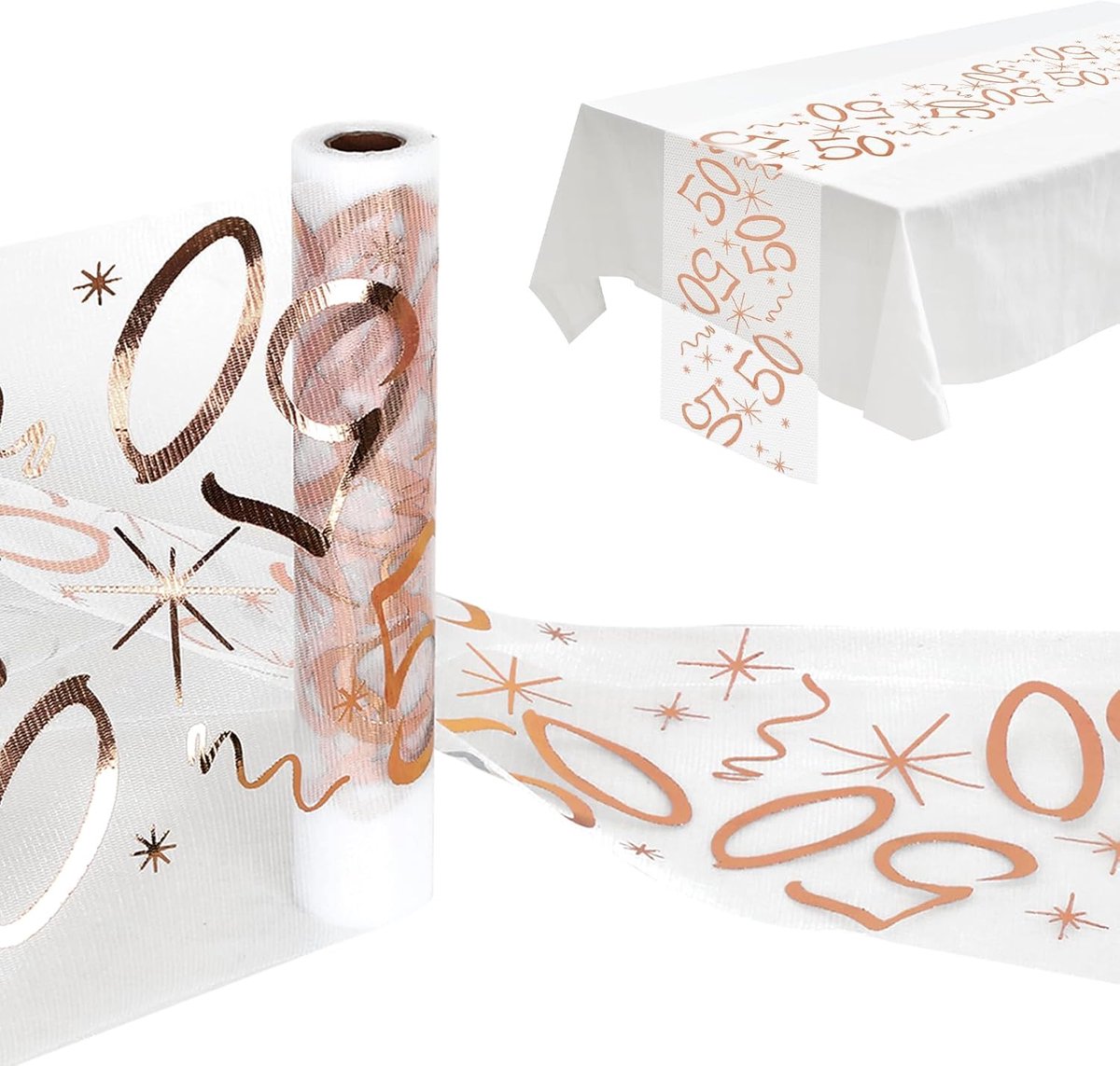 Tafelloper, 28 cm x 10 m, roségoud voor de 60e verjaardag, vrouw, man, tule, hot stempeld, tafeldecoratie, verjaardag, verjaardagsdecoratie, tafelband voor 60e jubileumfeesten en feestevenementen (50)