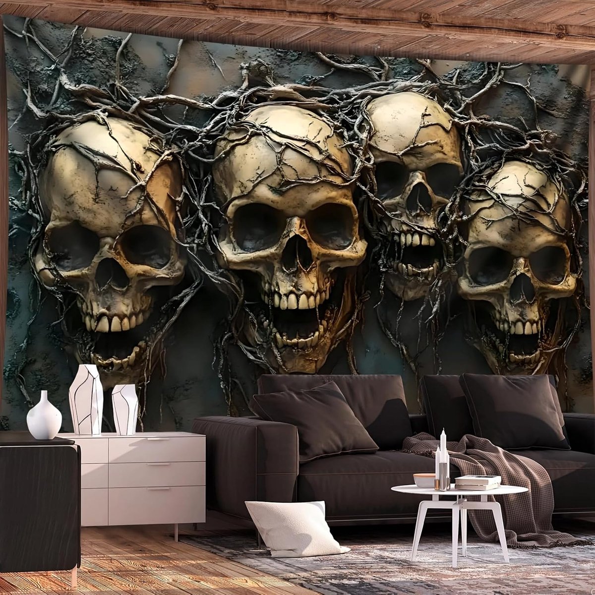Gothic wandtapijt doodskop design schedel met ranken wandtapijten wanddoek voor Halloween en gothic stijl decoratie wanddoeken, zwart, groot 200 x 150 cm