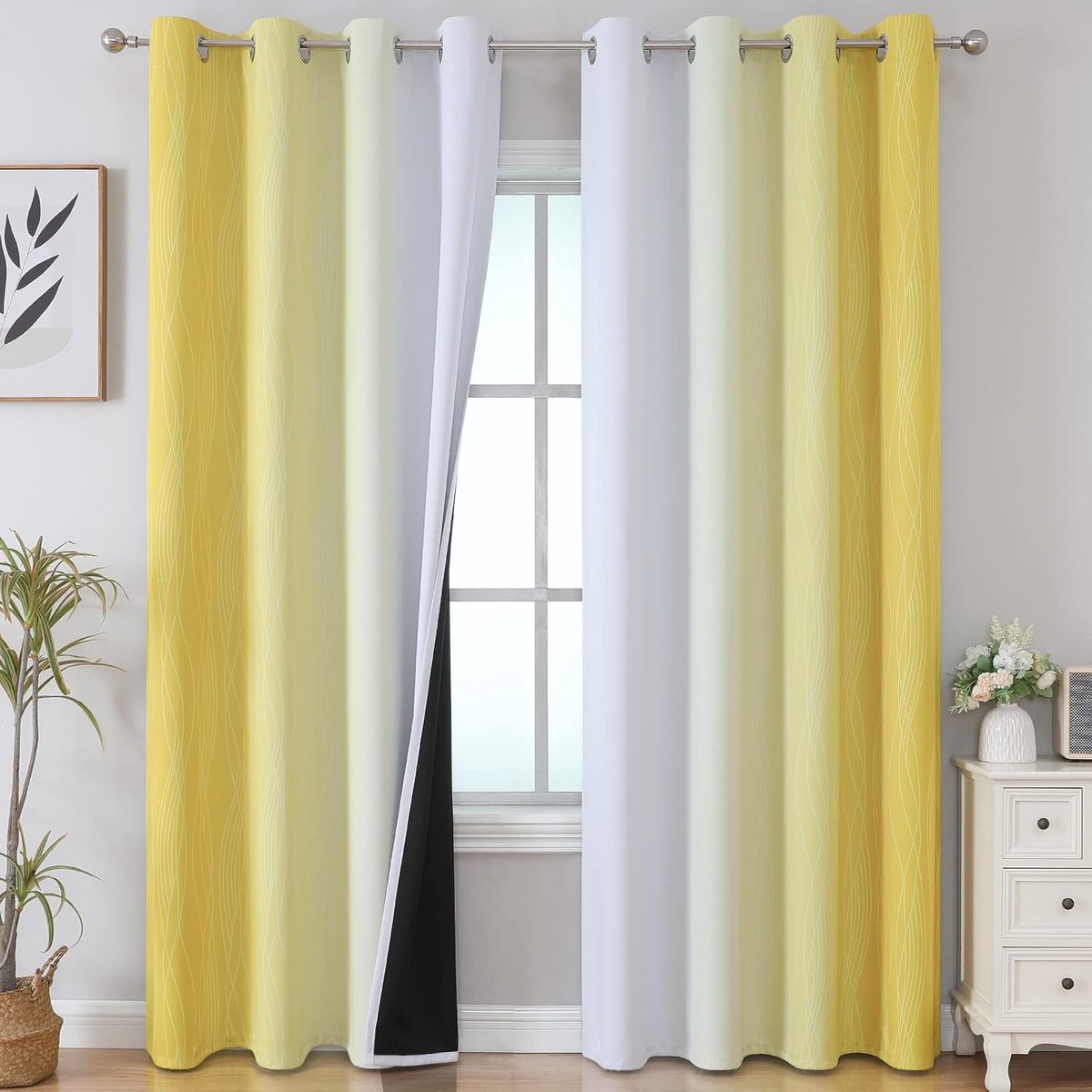 Kleurverloop geluidsisolatie dichte gordijnen voor woonkamer, thermogordijn hittebescherming tegen koude, verduisterende gordijnen voor slaapkamer, H 214 x B 132 cm, geel en wit, set van 2