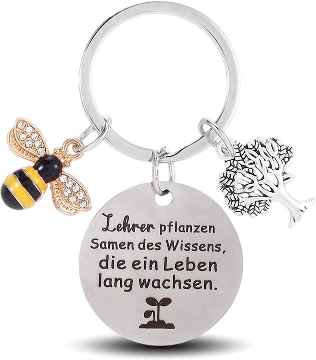 Cadeau voor lerares, bedankje, honing, sleutelhanger, cadeau voor lerares, cadeau voor lerares, cadeau voor lerares, cadeau voor opvoeder of Kerstmis, zilver, M