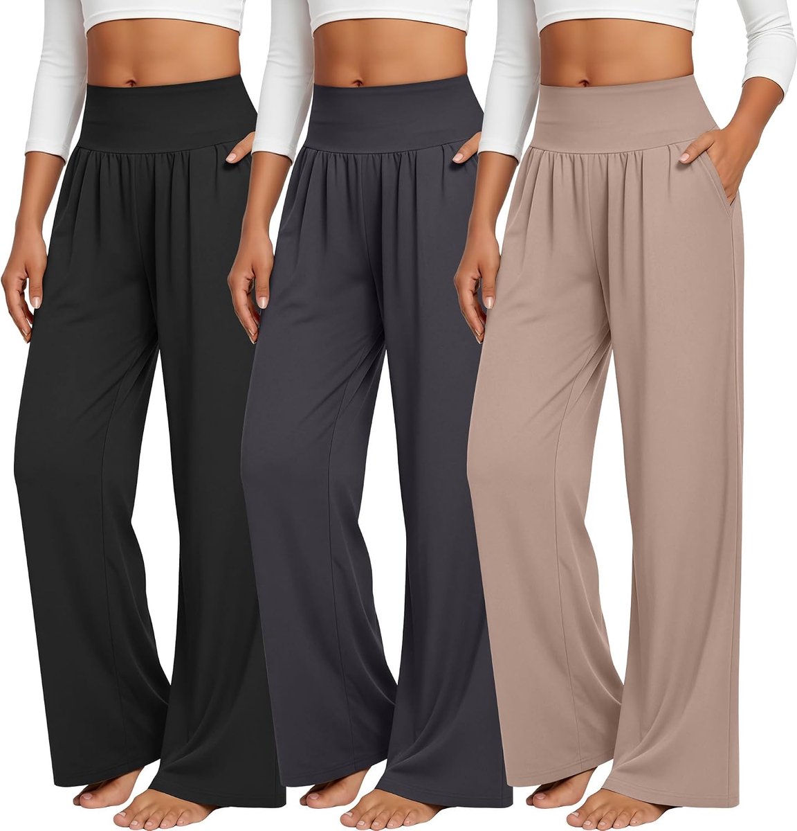 Broeken voor dames met wijde pijpen, comfortabele loungewear-broeken met zakken, losse elastische tailleband, open broekspijpen