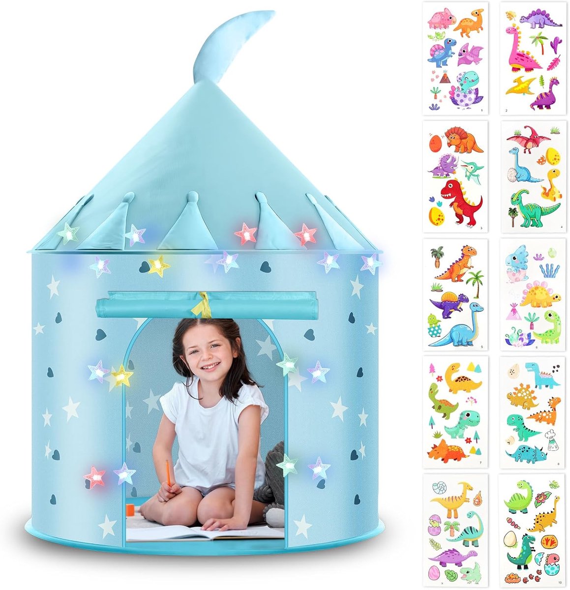 Speeltent, Speeltent Voor Kinderen, Blauw Play Tent Huis, Mullti-Gekleurde Ster LED-Verlichting, Yurt, Kindertent met Stickers, Opvouwbaar Kids Play Tent, Huis voor Kinderen Binnen en Buiten