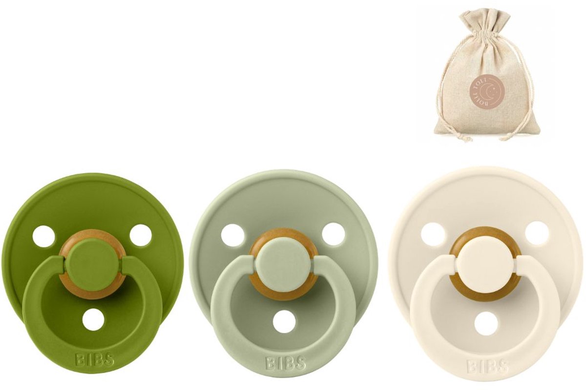 BIBS fopspenen rond maat 2 - Wasabi, Sage en Ivory + Bolletoet speenzakje