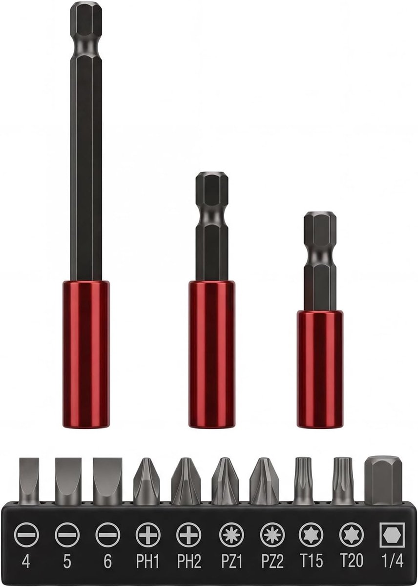 3 stuks magnetische bithouder voor Impact Driver Bits | 50mm 60mm 100mm Lange Magnetische Boor Extension Bar, Impact Extension Bar voor Boren en Driver, met 1 Stks 10 Gaten Houder