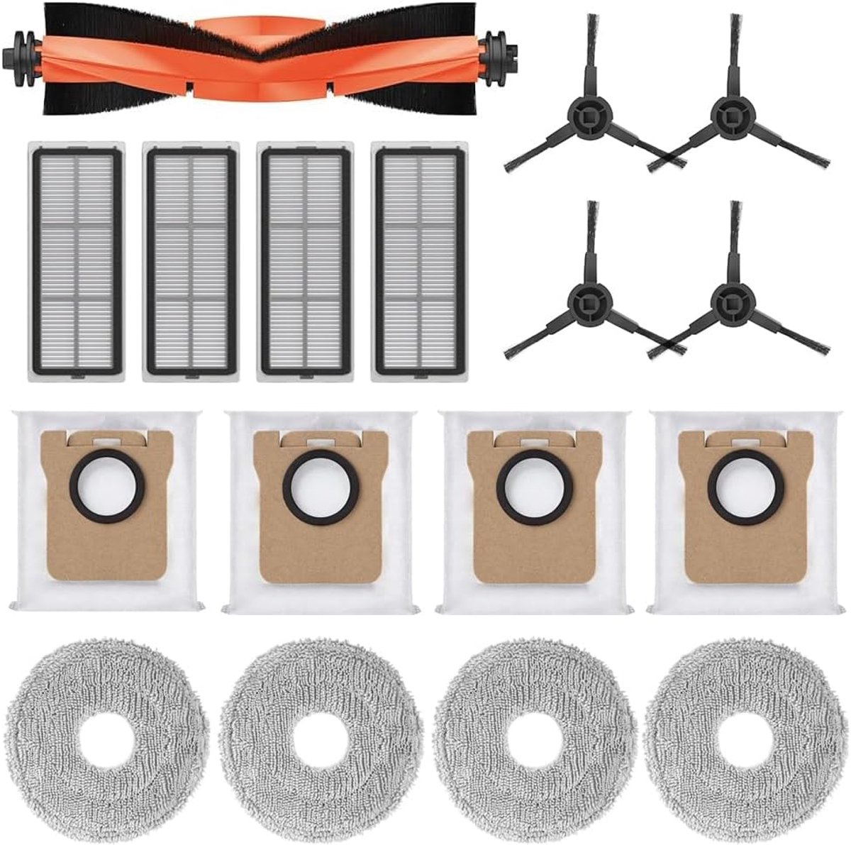 Accessoires voor Xiaomi Robot Vacuum X20 Max / X20 Pro robotstofzuiger, 1 hoofdborstel, 4 stofzakken, 4 reinigingsdoeken, 4 zijborstels, 4 filters