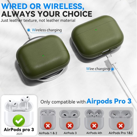 Valbeveiliging voor AirPods Pro 3 Hoes, Army Green - Val-, kras- en slijtvast. Bedraad & draadloos laden. Met reinigingspen en ketting. — afbeelding 3