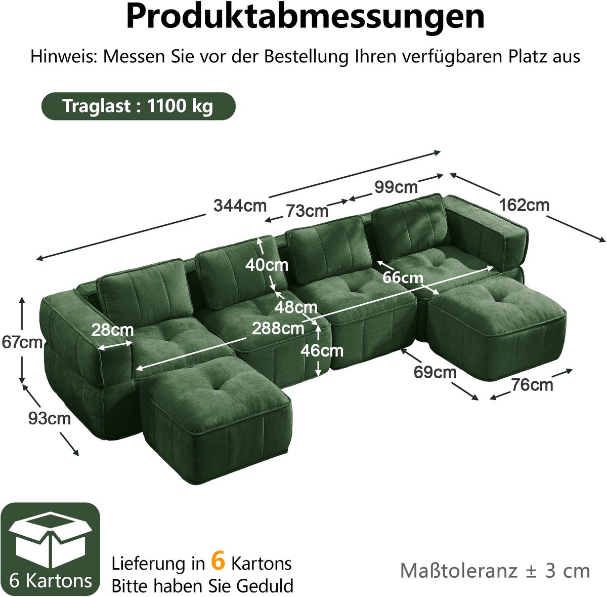 MIVRAY U-bank 344 x 162 x 67 cm - Modulair 4-zits Met 2 Hockers, 32D Hoogdicht Schuim En Antislip - Voor Woonkamer - Polyester Groen