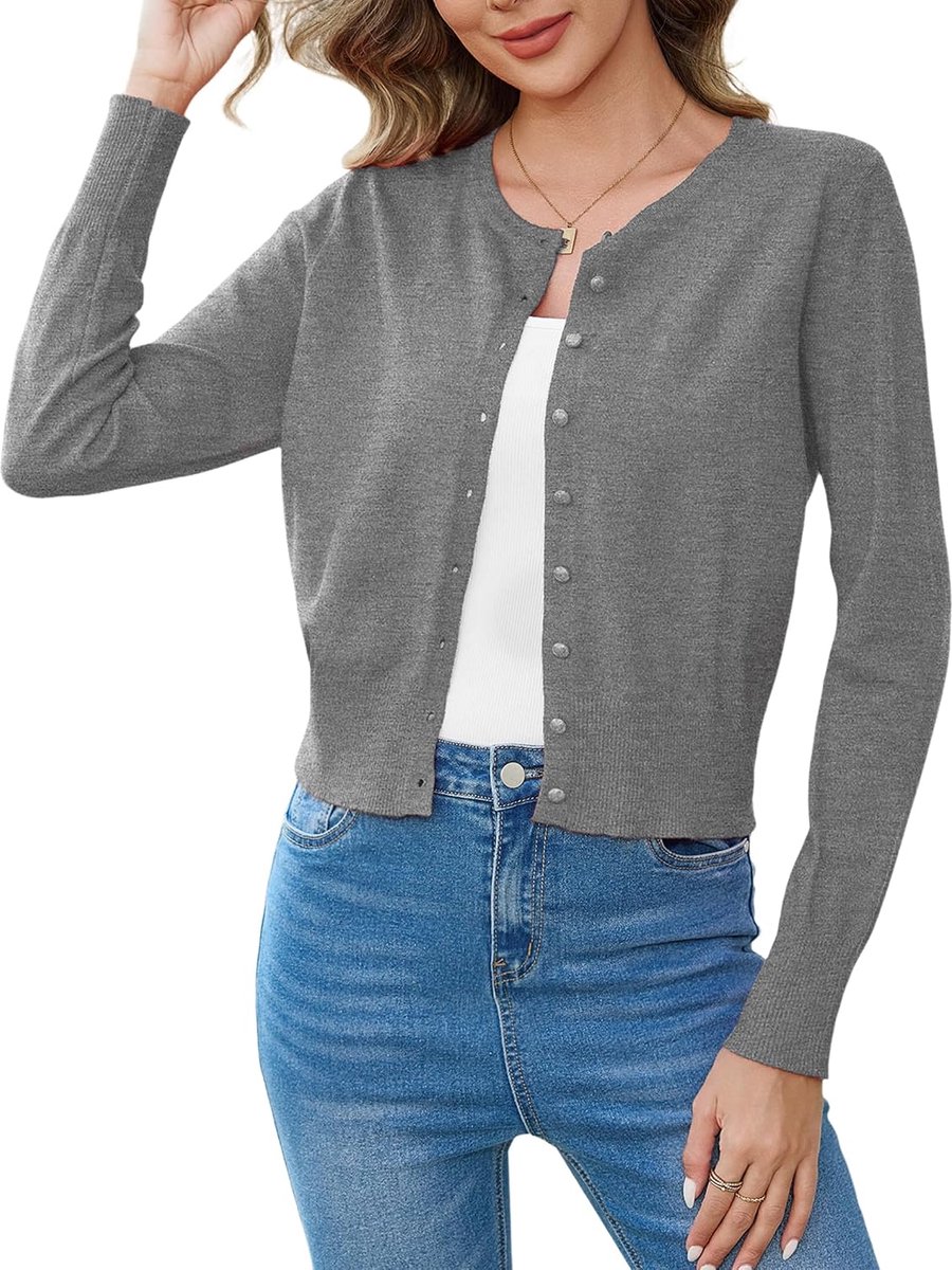 Gebreid vest voor dames, kort, elegant, bolero, ronde hals, lange mouwen, gebreide jas met knopen, lichte jas voor bruiloft voor lente