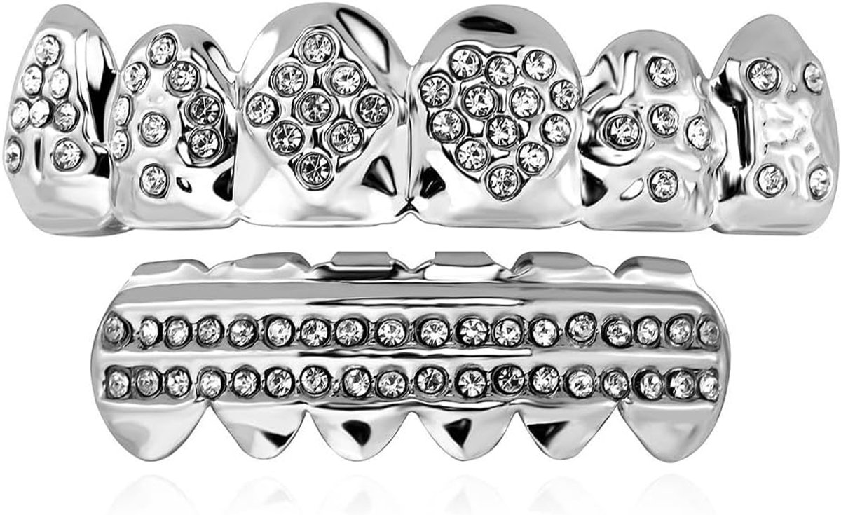 1 set zilveren hiphop-tanden, grills zilveren tanden, hiphop, beugel top en onderkant grillcap, voor mannen en vrouwen, voor dans, feest, Halloween, podium, rollenspel (zilver)