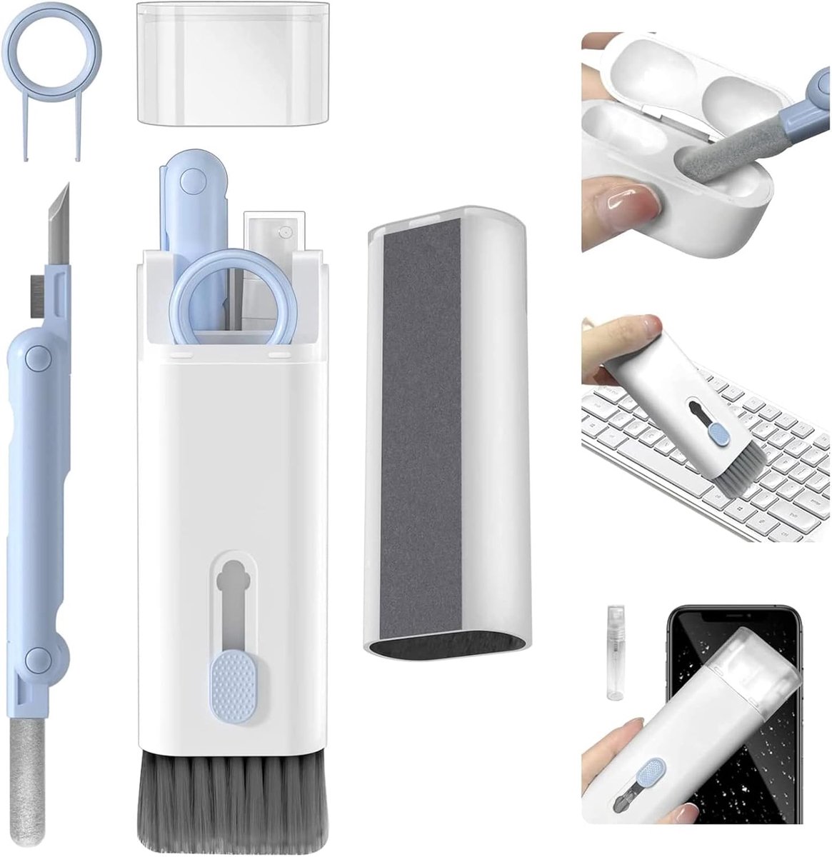Airpods reinigingsset, 7-in-1 toetsenbordreinigingsset, multifunctionele reiniger met, voor oordopjes, smartphone, laptop, reinigingsset (blauw)