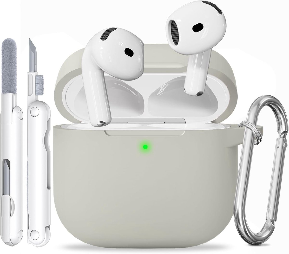 Siliconen voor AirPods 4 Hoes, B7-Khaki | Zacht, licht, antislip, krasbestendig, bedraad/draadloos laden. Reinigingspen + sleutelhanger.