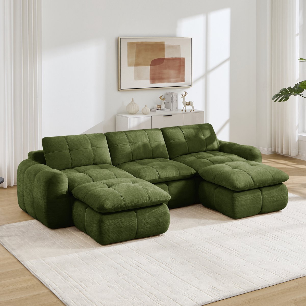 MIVRAY Bank 3-Zits U-Bank - Frameloos Modulair Ontwerp Met 2 Ottomanen - Voor Woonkamer En Appartement - Chenille Groen