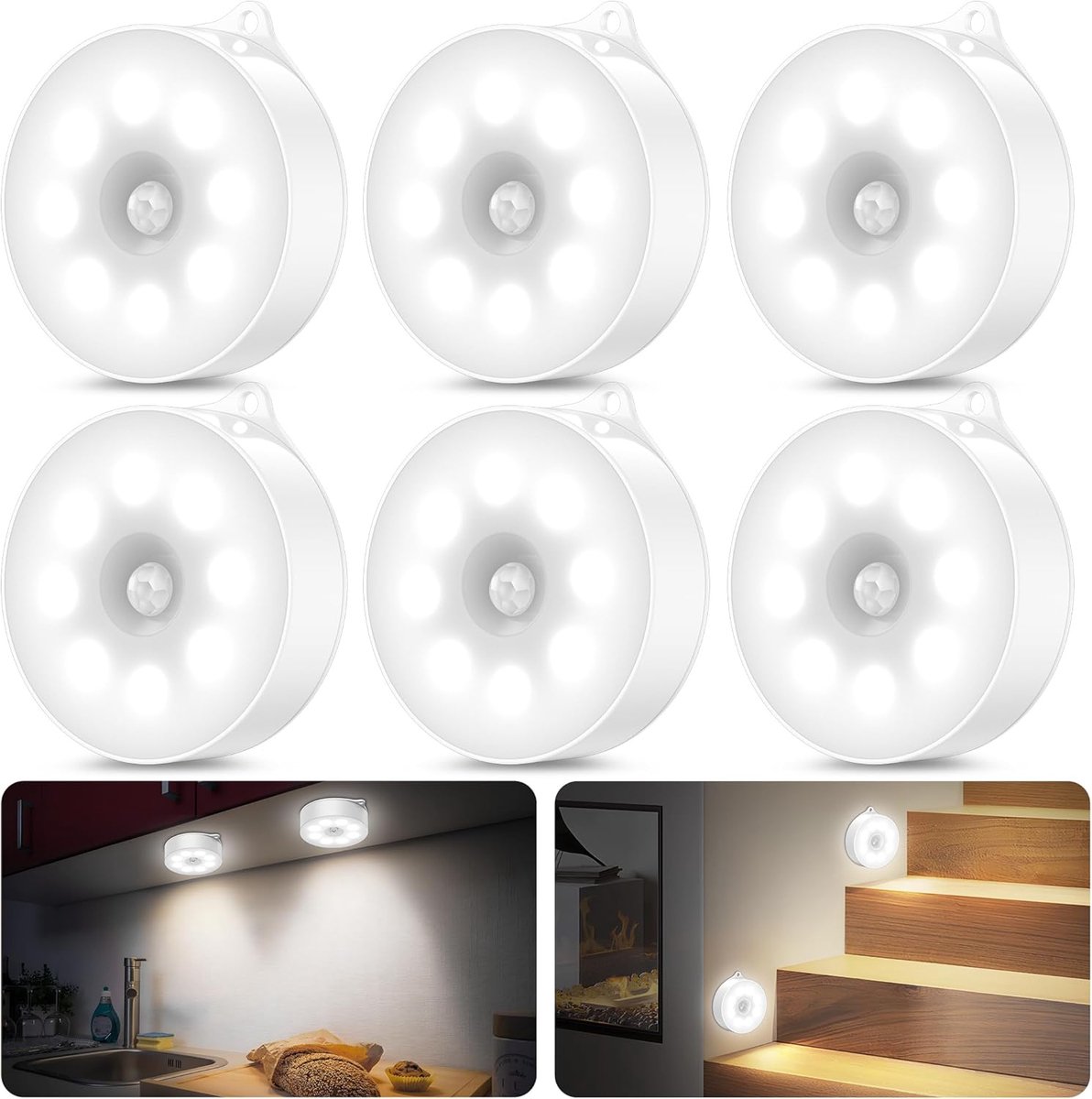 Daphomeu Nachtlampje met bewegingsmelder, 3*AAA batterijen, automatisch aan/uit, kastverlichting, bewegingsmelder voor binnen voor trap, slaapkamer, keuken, kinderkamer. (Koude witte 6 stuks)