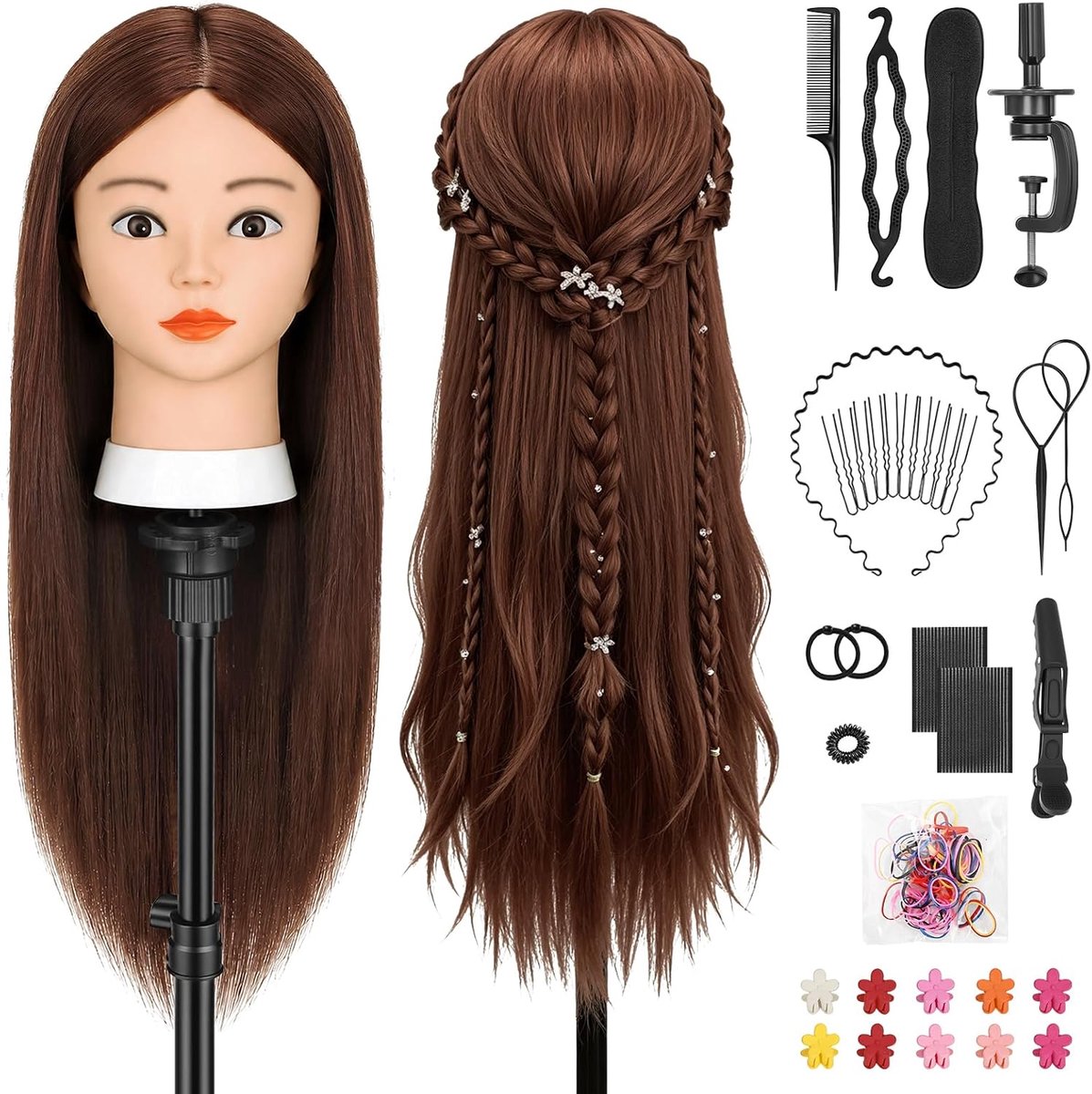 Mannequin Hoofd met Styling, Training Doll Head Oefening Echt Haar Mannequin Hoofden Voor Vlechten Make-up en Gratis Klemhouder (Donkerbruin)