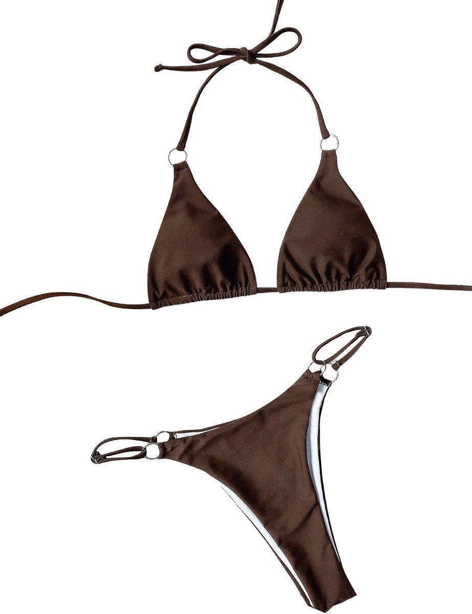 Bikiniset voor dames, driehoekig bikiniset met ringdecoratie, basic halterbadpak, hoge taille, tanga, tweedelige bikini's, zwempakken, strandoutfits