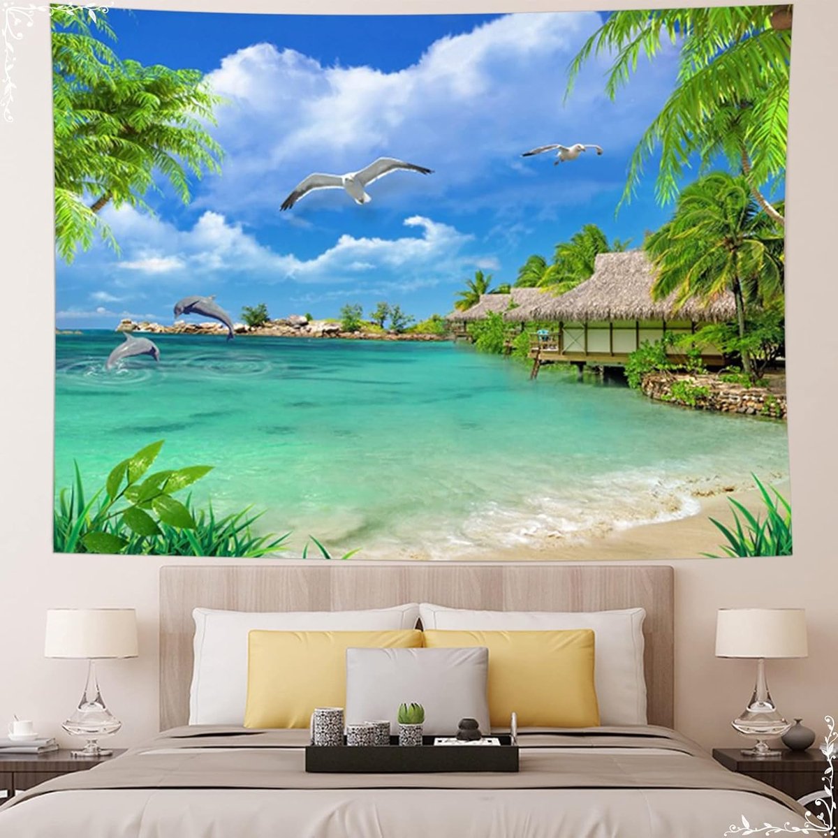 Wandtapijt strand zee, wandtapijt natuur groen blauw landschap tropisch wandgordijn deco polyester 240x220cm wasbaar