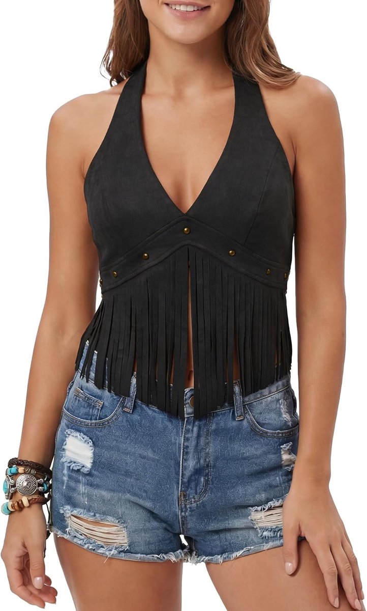 Suède nekhouder tanktop vintage hippie tops casual mouwloze franje top V-hals zomer crop top rugvrij bovenstuk streetwear