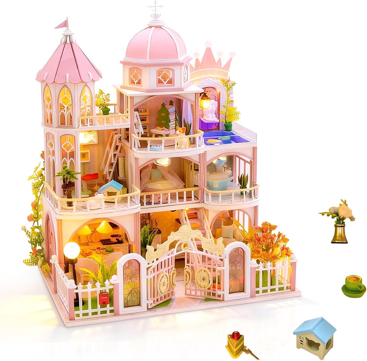 Miniatuur poppenhuis met ledlicht, handgemaakte houten modellen, bouw je droomhuis, verjaardag en Kerstmis (prinsessenkasteel)