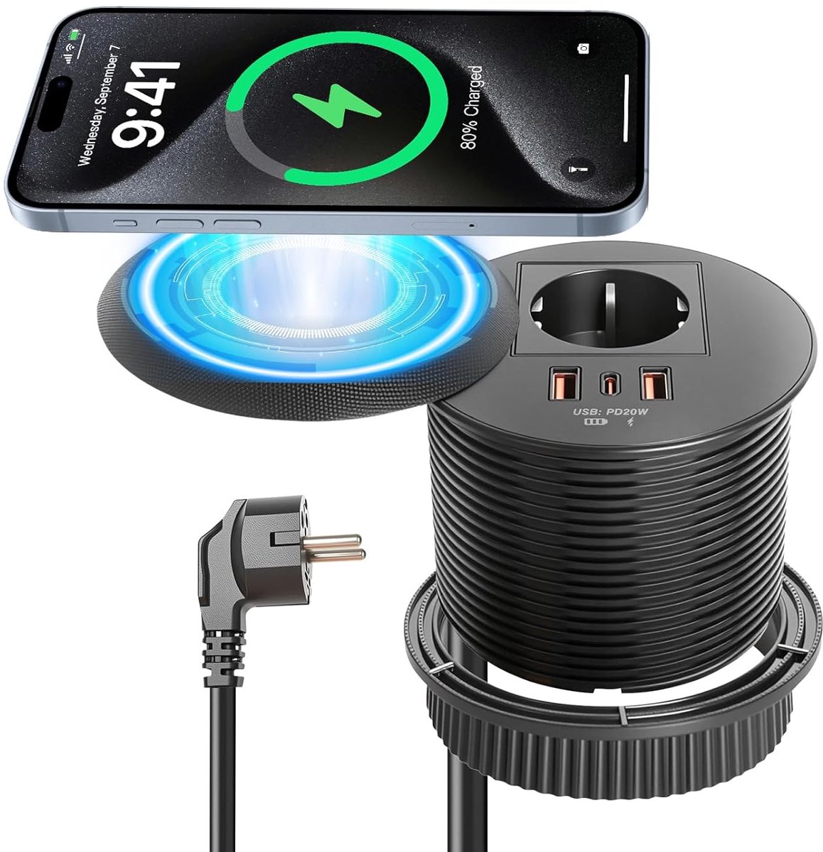Rond, 80 mm, met USB-C PD 20 W & 15 W draadloos opladen, intrekbaar tafelstopcontact met deksel en USB-A/C, zwart inbouwstopcontact voor bureau en meubels, 1,5 m kabel