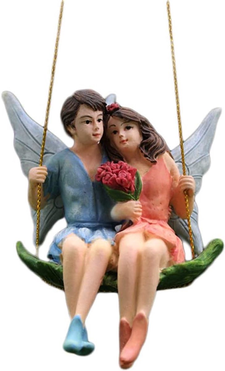 Flower Fairy Garden Statue, Swing Angel Lover Miniatuur Beeldje Ornamenten Paar Zittend op Swing Fairy Garden Decoratie voor DIY Fairy Garden Doll