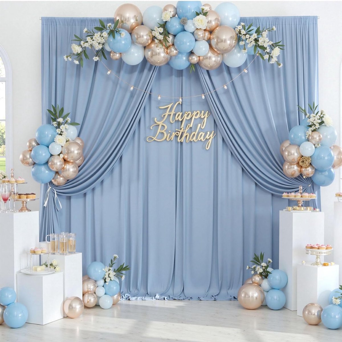 3 x 3 m, mistblauw stof, fotoachtergrond, 2 stuks, 1,5 x 3 m, plooivrije fotoachtergrond voor bruiloft, feest, evenement en decoratie, blauw decoratief gordijn voor fotowand, fotoshoot en